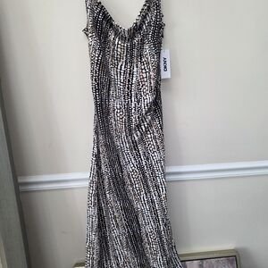 NEW 4 DKNY Long Cowl Neck Silky Dress, Black White Beige Women's Dress